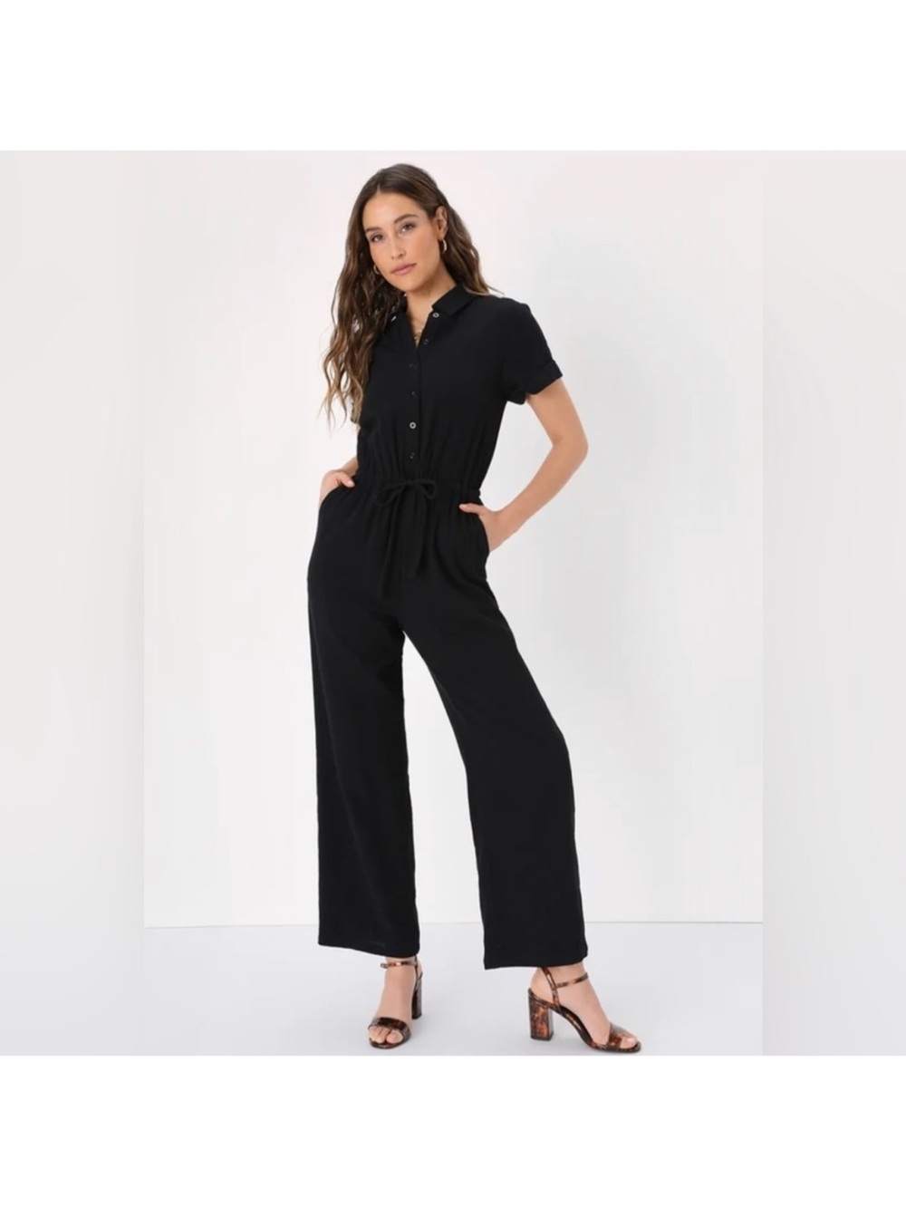 Lulu's Black Short-Sleeve Button-Front Jumpsuit